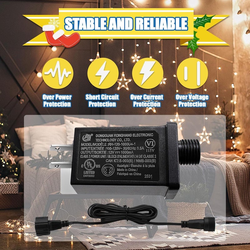 Airoads 12V 12W Low Voltage Transformer with Extension Cord Class 2 Power Supply Replacement Yard Inflatable Adapter Model RH-120V1000U4-1 Waterproof Ip44 US Plug for Christmas String Light Decorations - Image 5
